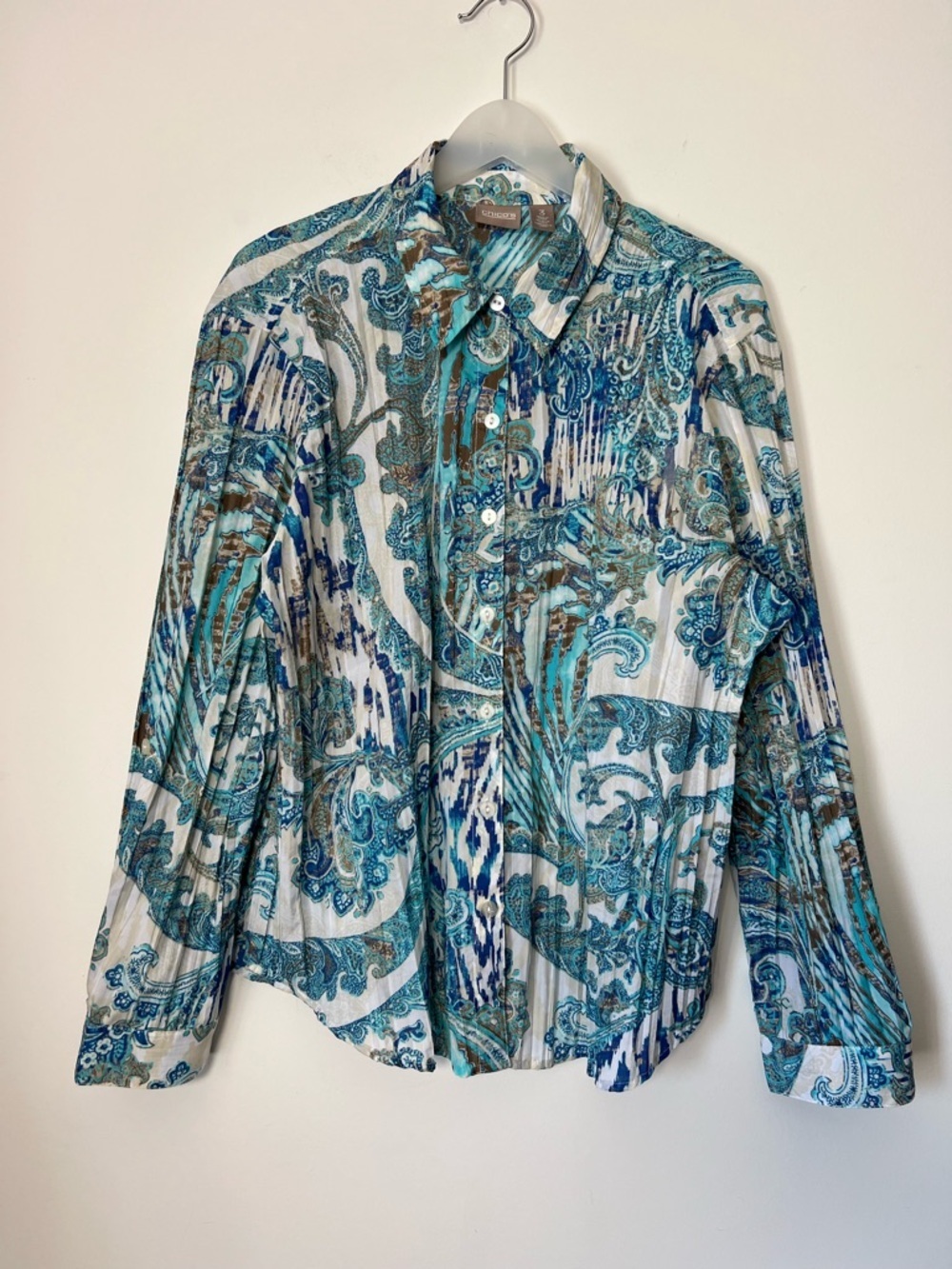 Chico's Crinkle Paisley Print Button Up Long Sleeve Shirt - Aqua/Blues/White